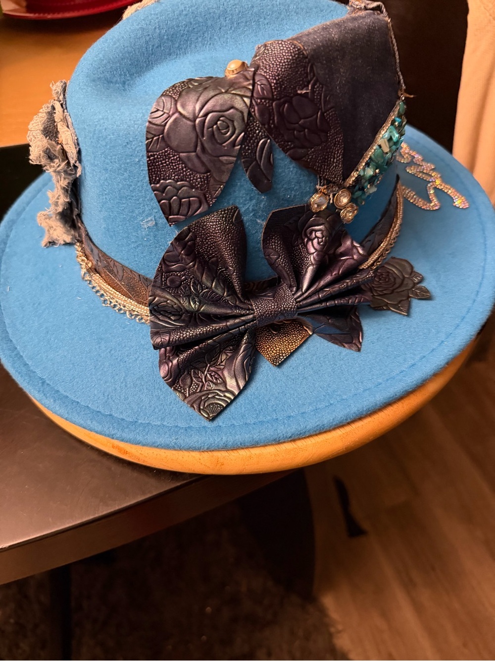 Blue Felt Fedora Hat with Decorative Navy Bow